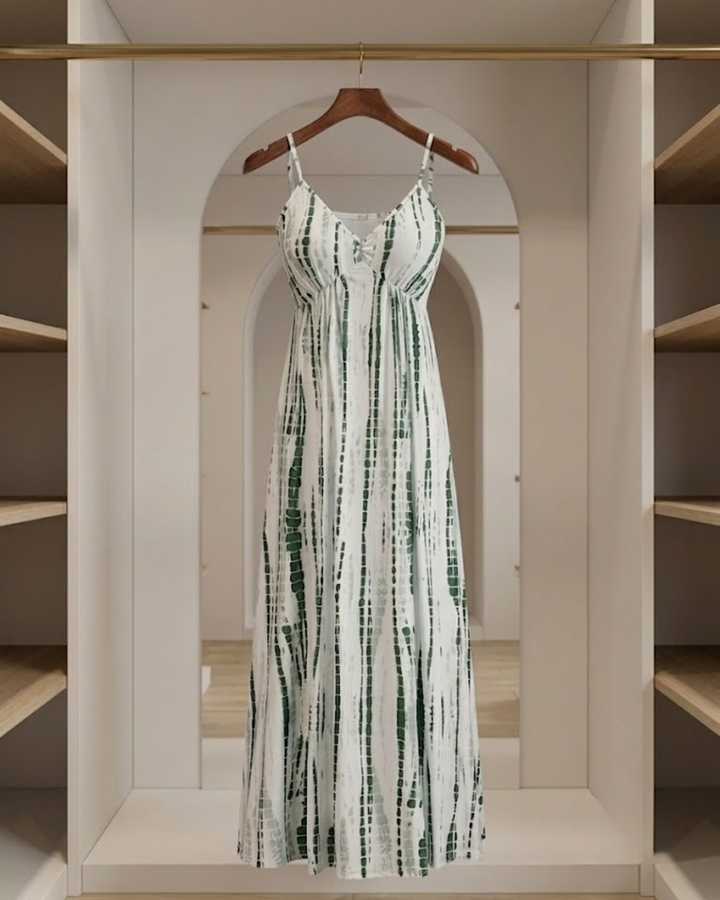 Abito Maxi Donna con Scollatura a V e Stampa Grafica