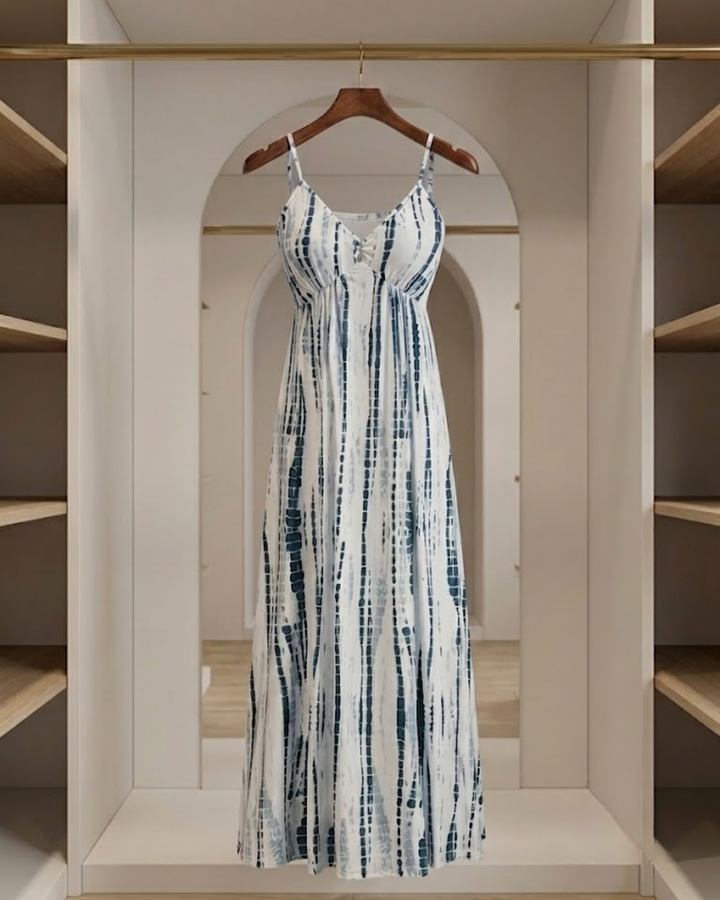 Abito Maxi Donna con Scollatura a V e Stampa Grafica