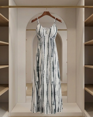 Abito Maxi Donna con Scollatura a V e Stampa Grafica