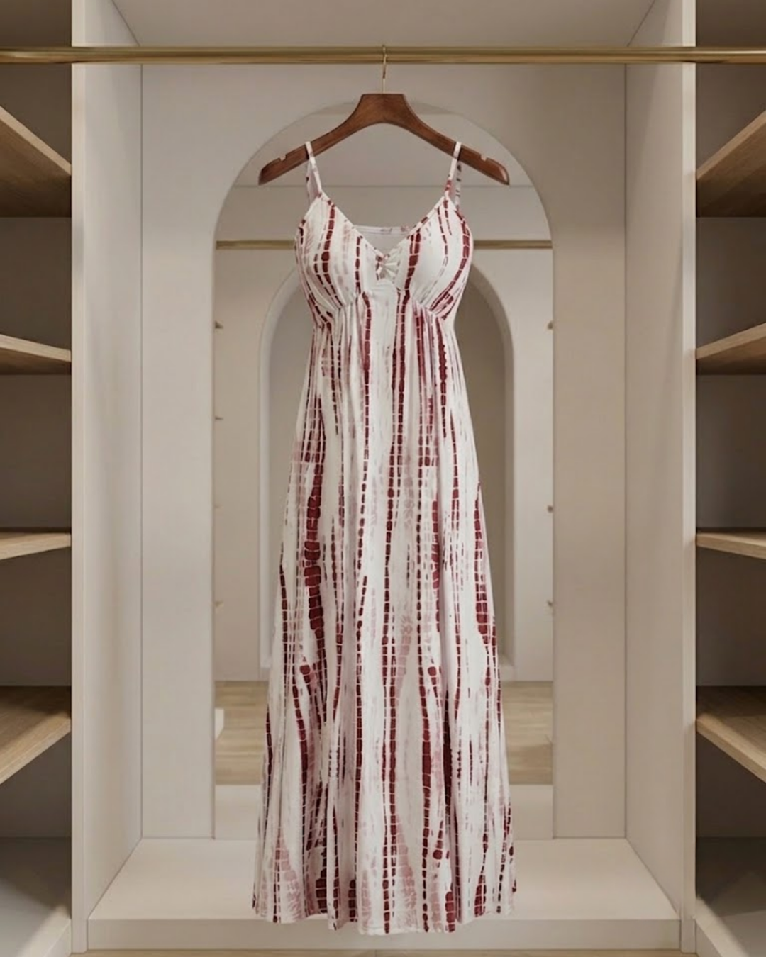 Abito Maxi Donna con Scollatura a V e Stampa Grafica